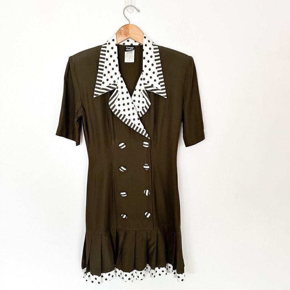 Knapp Studio Vintage Mod 1970s Women’s Olive Double Breasted Polka Dot Contrasti